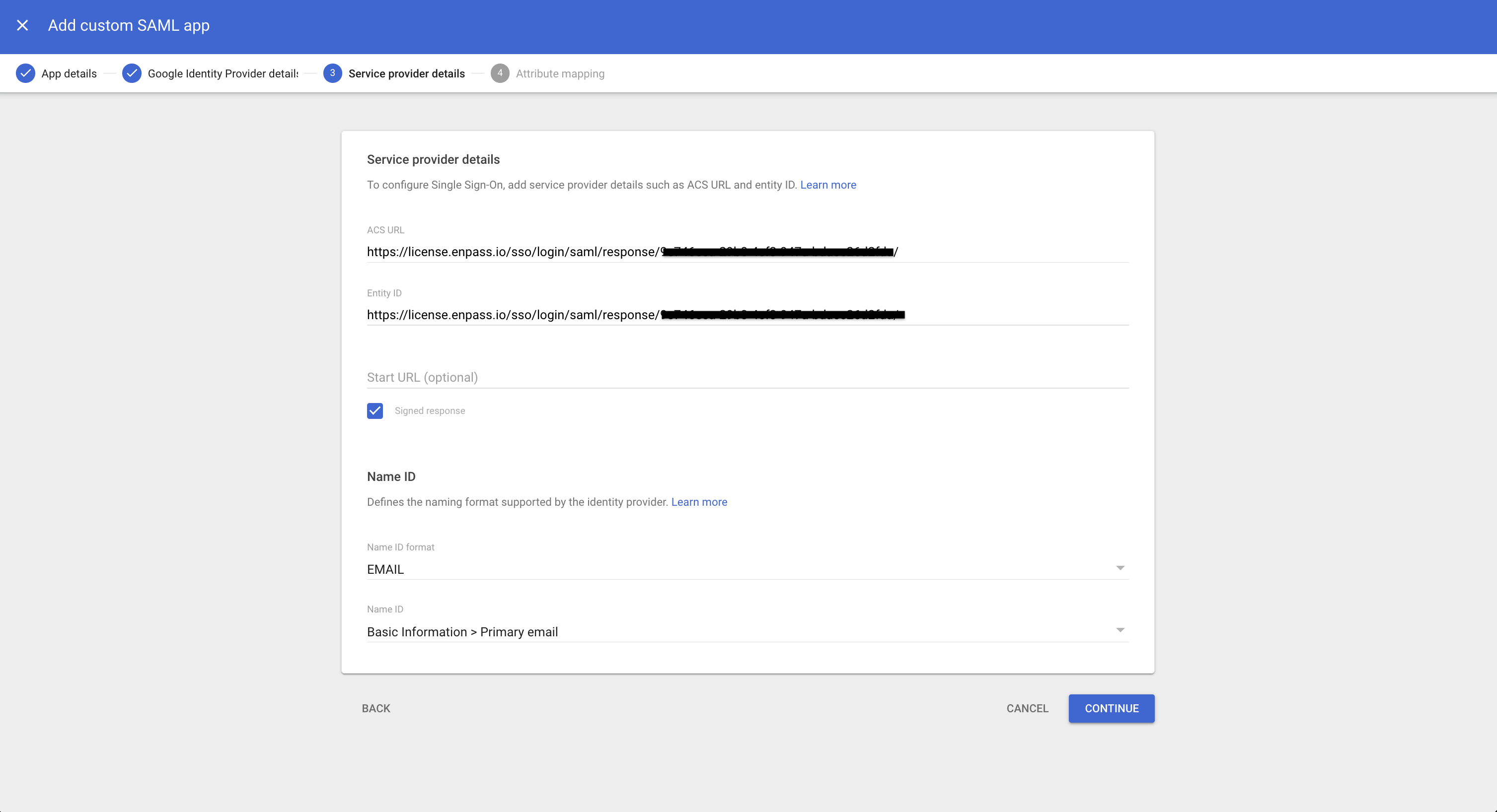 add custom saml app in google
